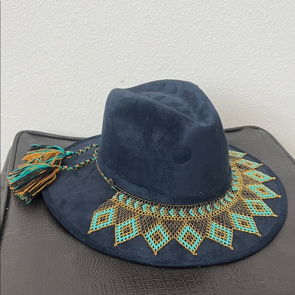 Handmade Blue Felt Structured Hat with Beaded Accent
